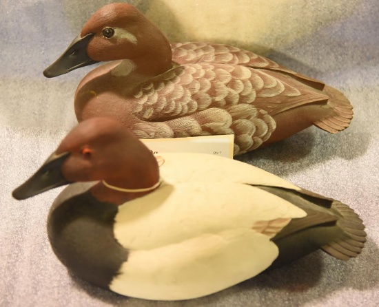 2 Resin Canvasback Decoys - Hen & Drake Painted by C. Meyer. Dated 1986. Both have raised tail