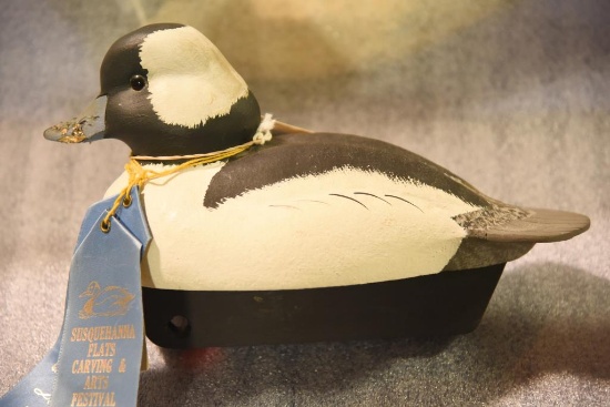 1991 Mike Smyser Cork Bufflehead Working Decoy W/Damage to bill. Has two 1st Place ribbons for