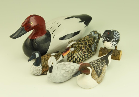 Lot #31 - (6) Decoys: 1/3 size Canvasback drake unsigned, miniature Resin Pintail drake by C.