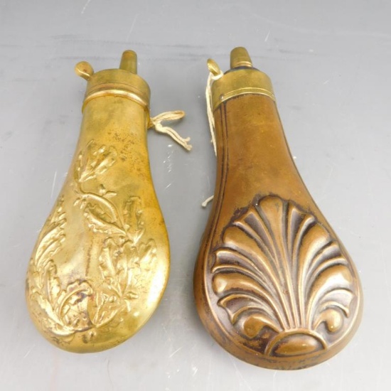 Lot #235 - (2) Small Civil War era brass powder flasks (1) Oak leaf pattern and (1) Shell  pattern