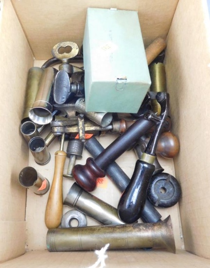 Lot #245 - Box of vintage and antique reloading items: Several James Dixon and Sons Powder