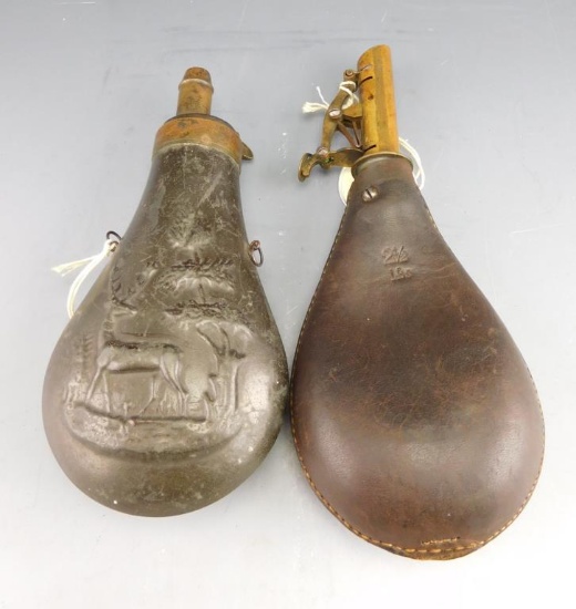 Lot #252 - (1) Vintage Powder Flask with stag motif and (1) leather 2 1/2lb shot pouch