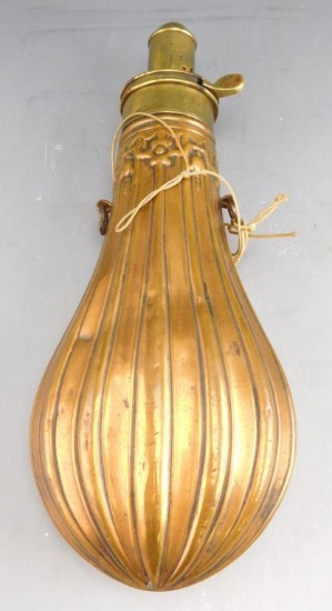 Lot #289 - James Dixon and Sons Improved Patent Brass Paneled powder flask 8 ½”