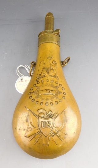 Lot #293 - Antique Batty US Brass Peace Flask dated 1850 on rim with Spread Eagle motif 10”