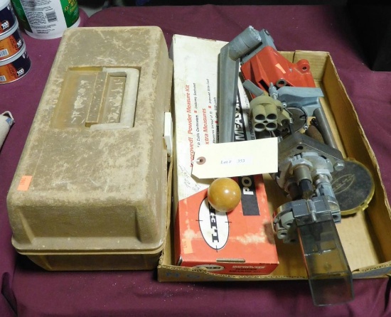 Lot #353 - Lee reloading press and Lee powder measure kit and Tackle box full of black  powder