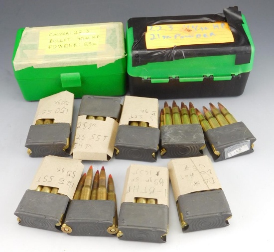 Lot #57 - (100) rounds of 223 reloads, 40 GR, H.P, (9) Enbloc Clip for M1 Garand with 8  rounds