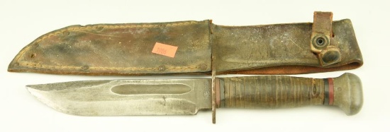 Lot #26 - Vintage K-Bar style knife marked RH 36 in sheath 11”