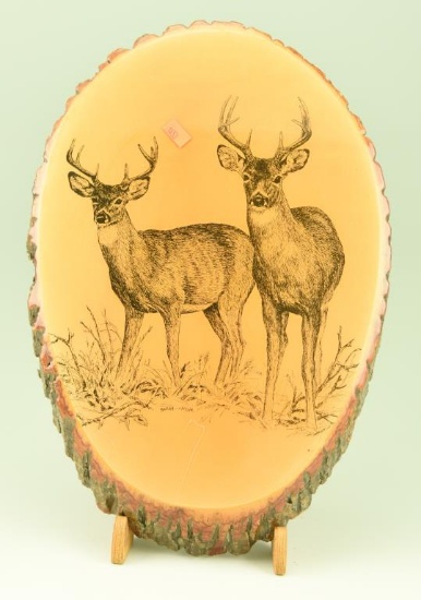 Lot #37 - Barry Nehr wood burning and lacquer of (2) buck deer