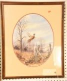 Lot #250 - Original watercolor and acrylic on paper of flying Pheasant signed Ned Ewell 1989