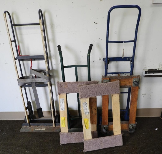 Lot # 4614 - Appliance dolly W/Strap, Three 4 Wheel Furniture Flat cart Dollies, Two hand truck