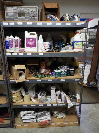 Lot # 4616 - 5 Tier metal Steel shelving unit and contents to include: Moisture test kits, Parts