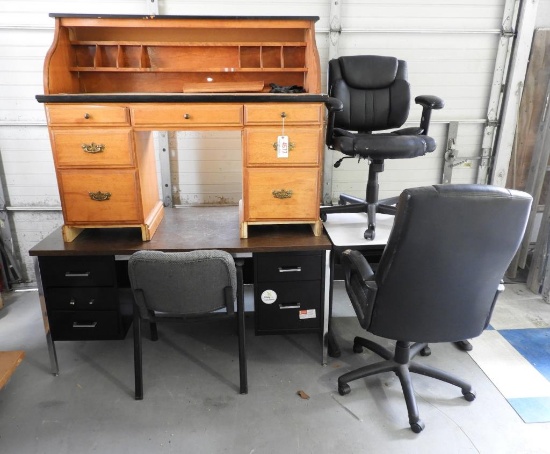 Lot # 4677 - 5 Pc Office Furniture Lot to include: Contemporary Roll top desk, metal desk,
