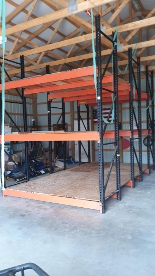 Three Sections of Heavy Duty Steel span Shelving. Each section is 12' Tall x 9' long x 3' Deep.