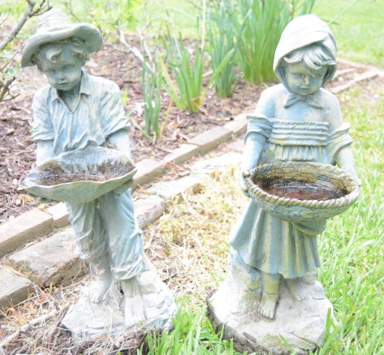 Lot #10 - Pair of Resin boy and girl garden statuaries 16” each