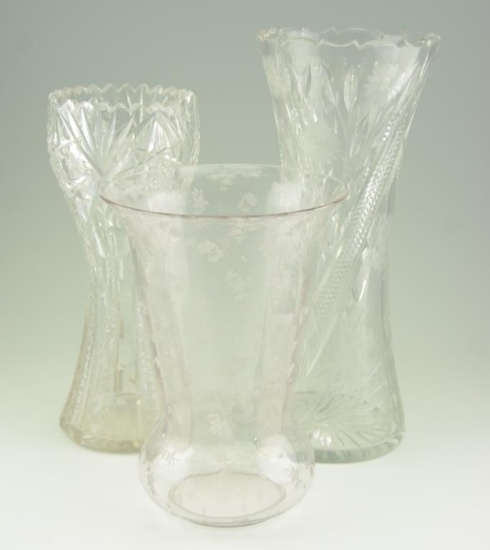 Lot #28 - (3) Vases: Etched floral Bristol style 10”.Pattern glass crystal vase 12”, pattern