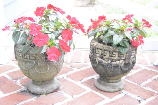 Lot #7 - Pair of Greek Key decorated 10” concrete garden planters