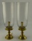 Lot #474 - Pair of heavy spun brass 8 ½ “ dishtop candlesticks with brass base hurricane shades