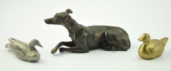Lot #359 - Pot metal Greyhound sculpture 5”, miniature brass duck, miniature pewter Ward Brothers