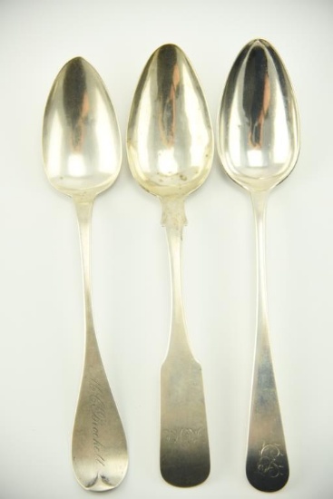 Lot #389 - (3) early 19th Century coin silver spoons: Halmer inscribed M C Brockett on handle,