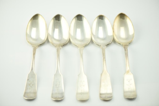 Lot #391 - Set of (5) matching 12oz 19th Century coin silver spoons with monogrammed handles by