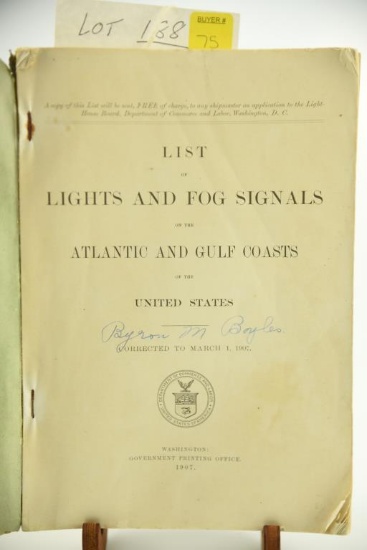 Lot #659 - “List of Lights and Fog Signals on the Atlantic & Gulf Coasts of the United States”