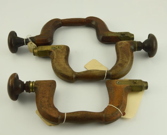 Lot #676 - 3 Wooden Brace & Bit hand drills with Brass accents. One has tag marked Circa 1810-1