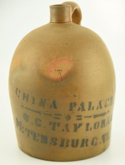 Lot #677 - 1 Gallon Whiskey Jug with Stenciled lettering “China Palace C. C. Taylor & Co.,