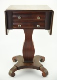 Lot #363 - Empire Mahogany and Burl two drawer drop leaf sewing table with crystal pulls (damage