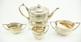 Lot #385 - Important English Hallmarked Georgian style 5pc Silver tea set with etched floral and
