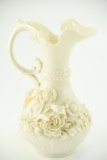 Lot #408 - Irish Belleek “Aberdeen” handled ewer with heavily applied floral decoration and