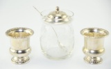 Lot #437 - (2) Sterling silver toothpick holders and one sterling rimmed jam jar with sterling