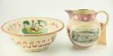 Lot #451 - Early 19th Century pink luster wash bowl and pitcher with hand painted motif of View