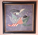 Lot #505 - Victorian framed American E. Pluribus Unum spread eagle and shield needlepoint in