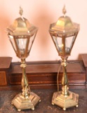 Lot #506 - Pair of Brass pedestaled lantern style torche boudoir/desk lamps with six paneled