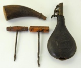 Lot #604 - 8lb Leather shot flask with dog motif 8” with damage, 6” 18th Century powder horn,