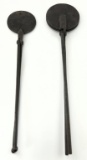 Lot #607 - Two Round Scissor Wafer Irons: #1 is 27” Long with a 6.5” Round head with Quilted
