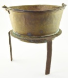 Lot #613 - Brass 13” Wide x 8” Tall Handled cook pot with Cast Iron fire pit base.