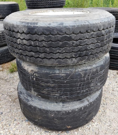 3 Used Bridgestone 385/65R 22.5 M854 Radial Mounted truck tires. Marked V-Steel Mix Tubeless.