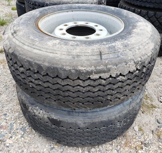 2 Used Bridgestone 385/65R 22.5 M854 Radial Truck Tires mounted on Steel 10 Lug Rims that fit a