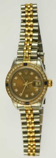 Lot #9 - 18K Yellow Gold/Stainless Ladies Rolex Datejust wrist watch with brown Diamond dial &