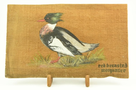 Lot #334 - Painted wooden panel of Red-Breast ed Merganser by Nancy Ladish 1978
