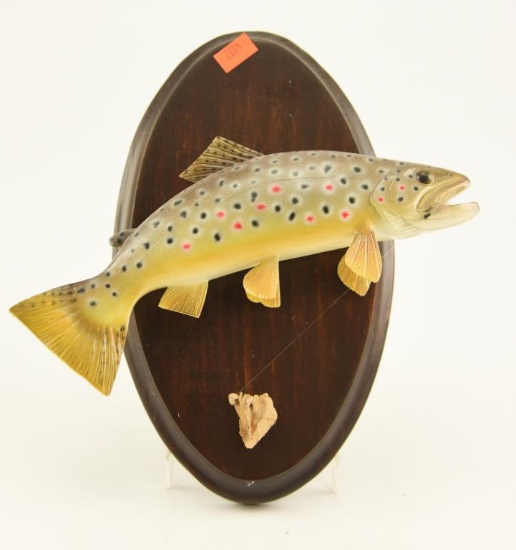 Lot #377 - The Hatchery Fish Carvings Brown trout fish carving on plaque 2003 (from the Mort