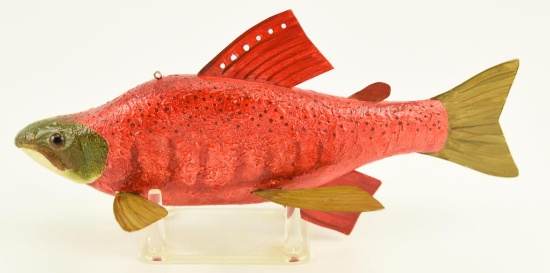 Lot #380 - Hand carved folk art Red Sockeye Salmon fish decoy signed Dahle Bingaman 11 ½”