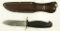 Lot #333 - Kinfolks Bakelite handles hunting Knife. Black Handle with K in Circle. Leather Kinf
