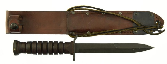 Lot #46 - M3 Camillus Fighting Knife & Scabbard. U. S. Bomb Stamp on Pommel. Blade Not Marked.