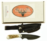 Lot #264 - Silver Stag Damascus Field Slab Knife in Box (DFS3.1) - Twist or Random Pattern - El