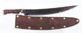  Lot #782 - Custom Curved Blade 14 ¾” knife with leather handle and sheath signed in steel blad