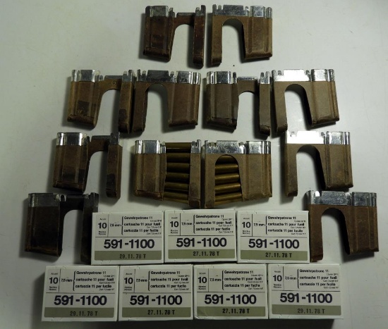 Lot #809 - Smith Ruben 7.5 x 55 ammo lot to include (12) K31 Stripper Clips & (7) 10  round
