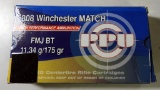 Lot #1049 - (4) Boxes of 20 rounds of PPU Match Line Winchester 308 HP BT 168 Gr. cartridges.