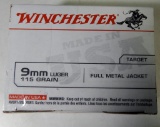 Lot #1069 - (10) Boxes of 100 rounds of Winchester 9mm Luger 115 Gr. FMJ cartridges.  (+/-1000